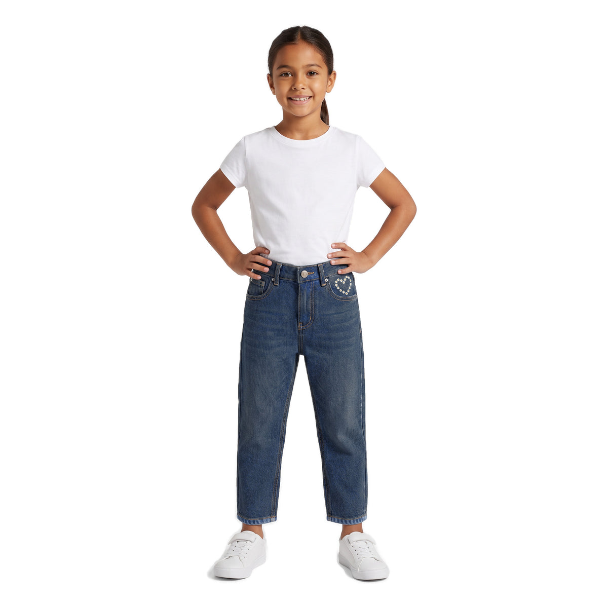 Girls' Daisy Heart Jeans – Vintage Wash, worn, age 9