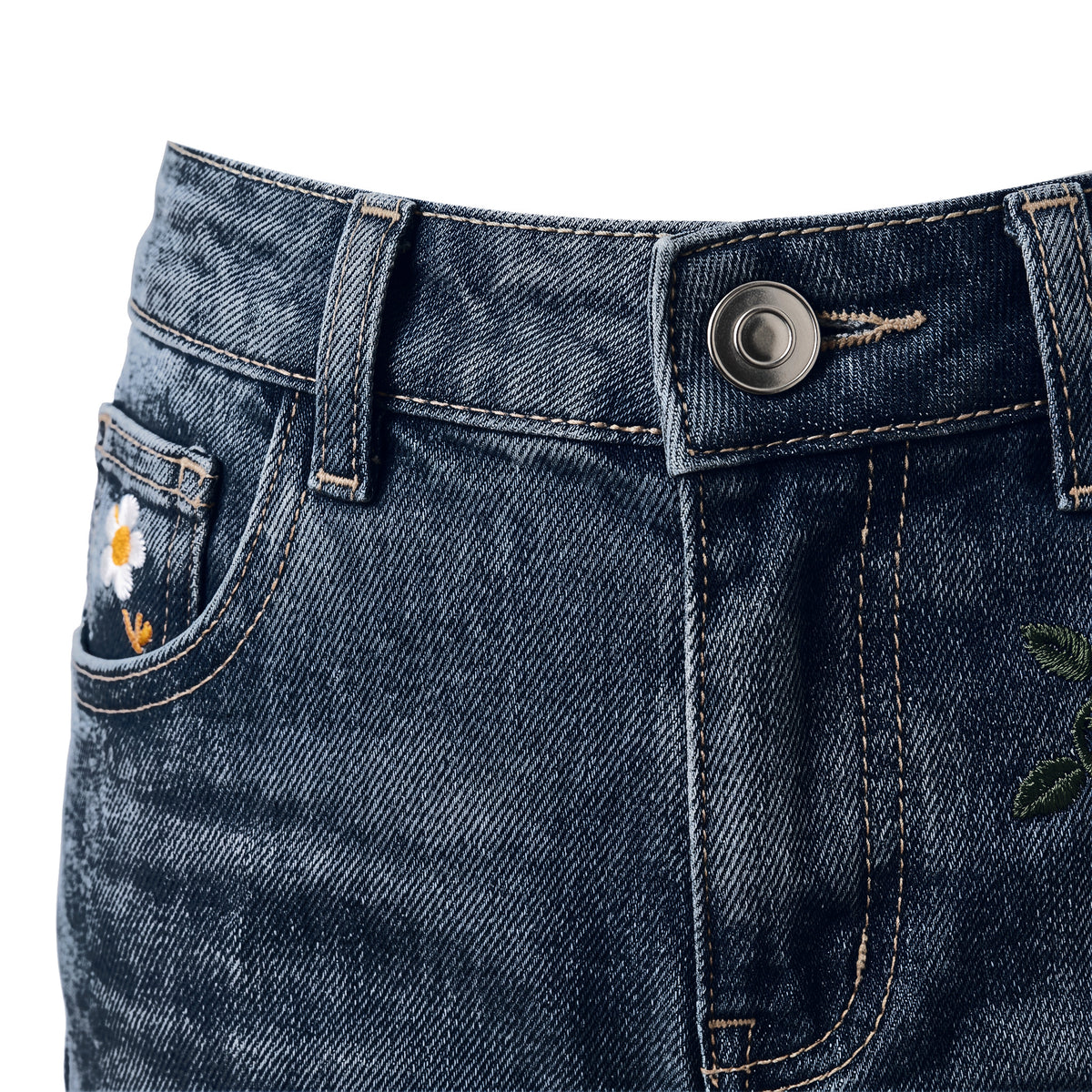 Girls' Frayed Flower Jeans – Dark Blue, waistband close-up