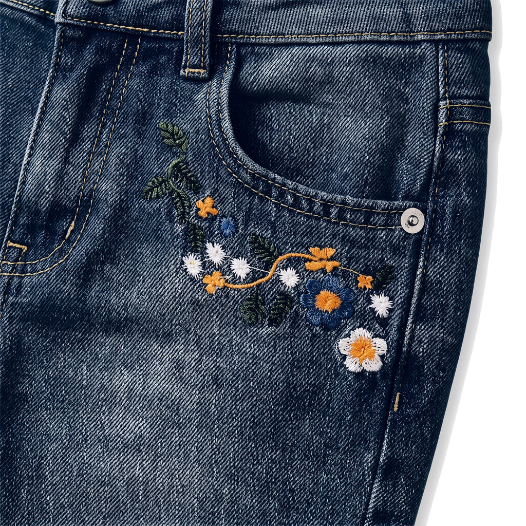 Girls' Frayed Flower Jeans – Dark Blue, pocket flowers close-up