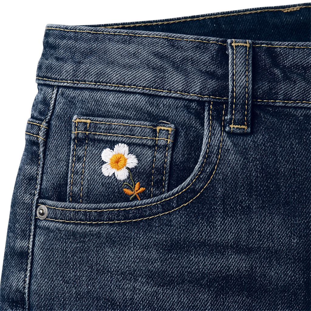 Girls' Frayed Flower Jeans – Dark Blue, coin flower close-up