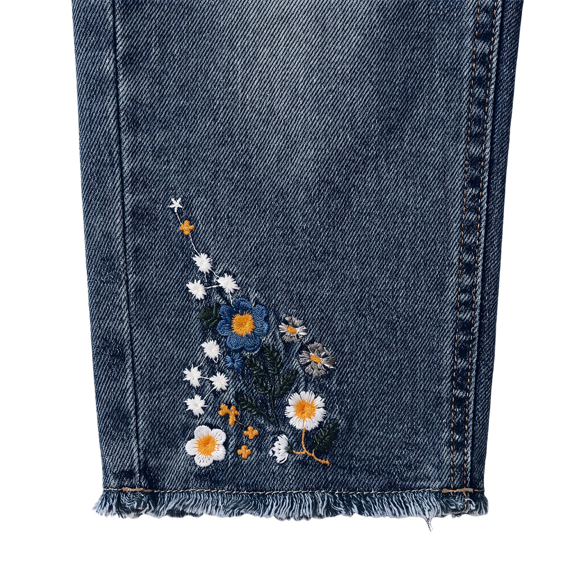 Girls' Frayed Flower Jeans – Dark Blue, hem flowers close-up