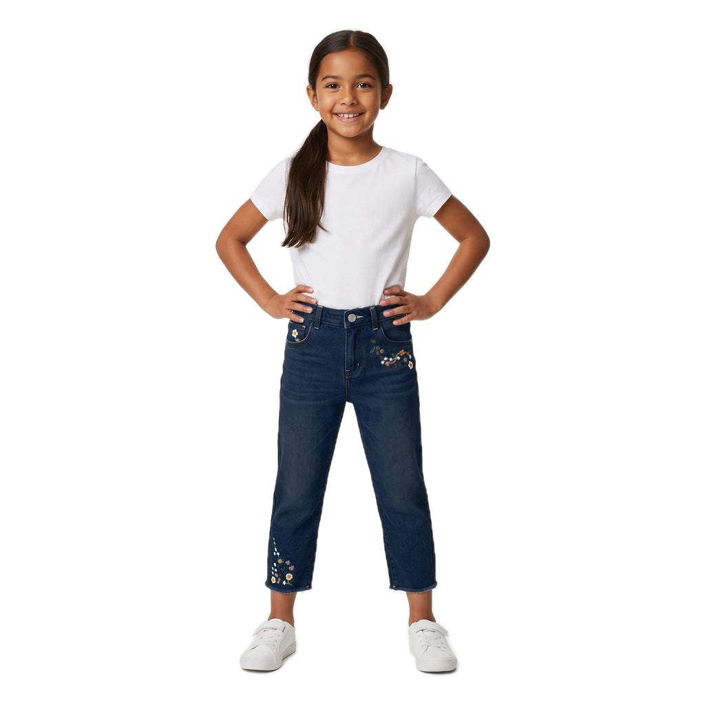 Girls' Frayed Flower Jeans – Dark Blue, worn, age 9