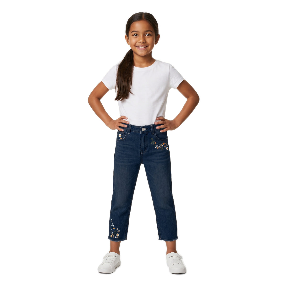 Girls' Frayed Flower Jeans – Dark Blue, worn, age 9