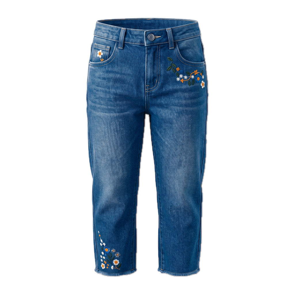 Girls' Frayed Flower Jeans – Medium Blue, front