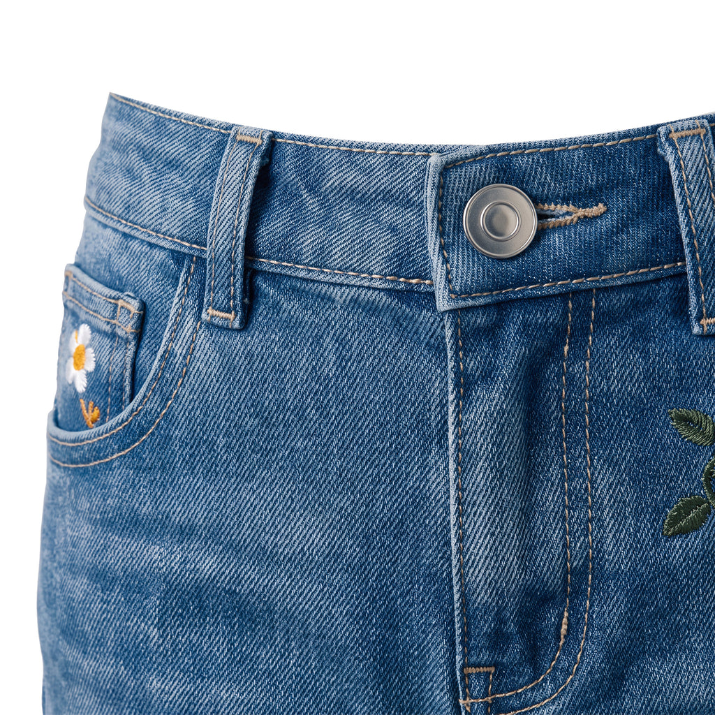 Girls' Frayed Flower Jeans – Medium Blue, waistband close-up
