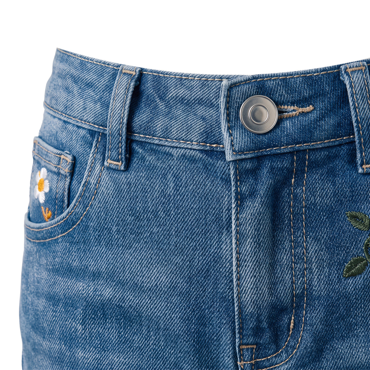 Girls' Frayed Flower Jeans – Medium Blue, waistband close-up