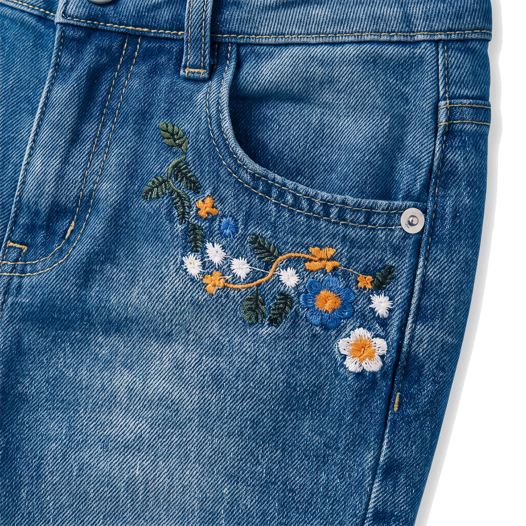 Girls' Frayed Flower Jeans – Medium Blue, pocket flowers close-up