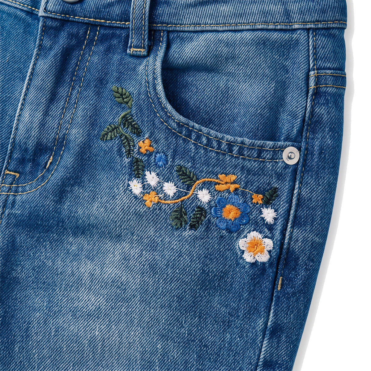 Girls' Frayed Flower Jeans – Medium Blue, pocket flowers close-up