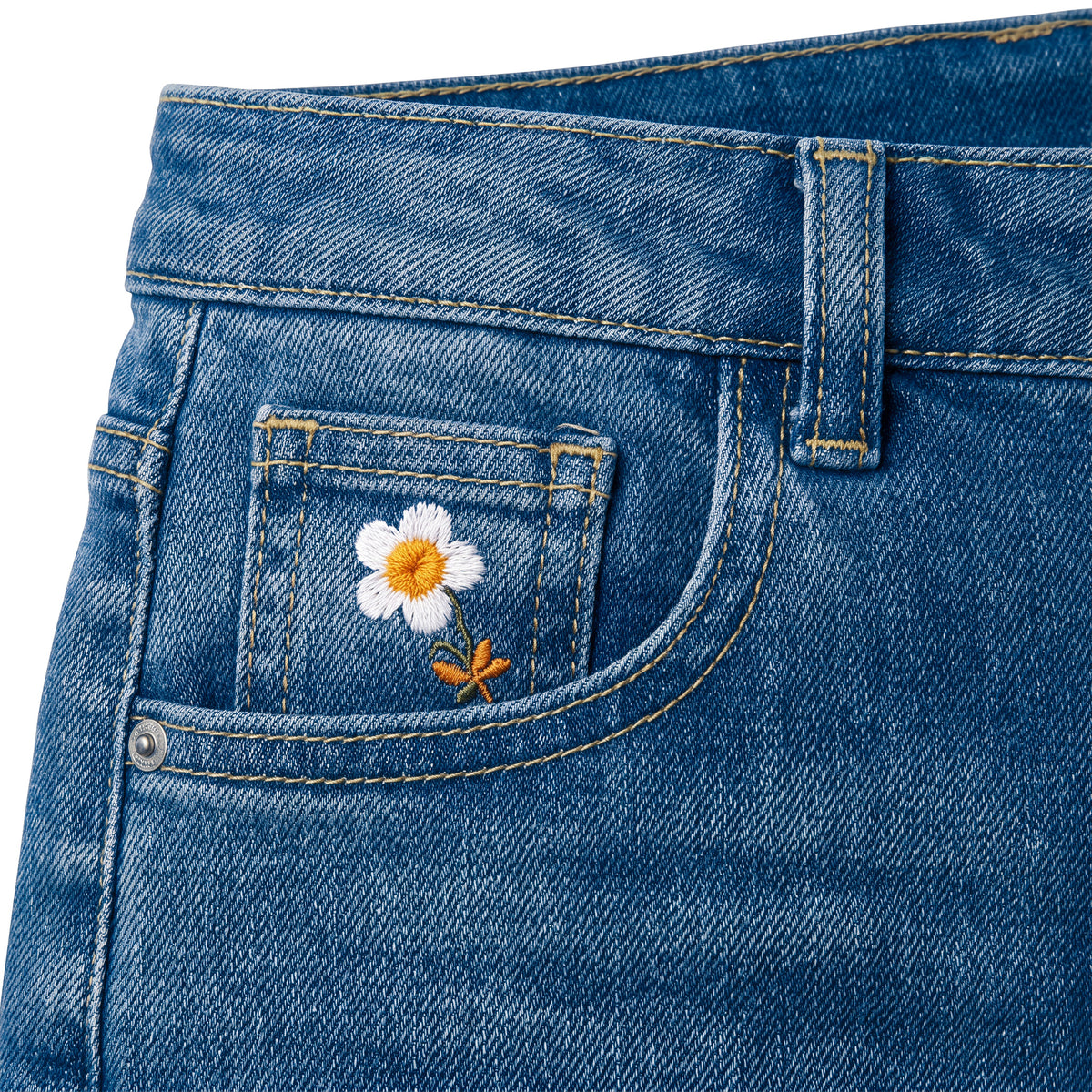 Girls' Frayed Flower Jeans – Medium Blue, coin flower close-up