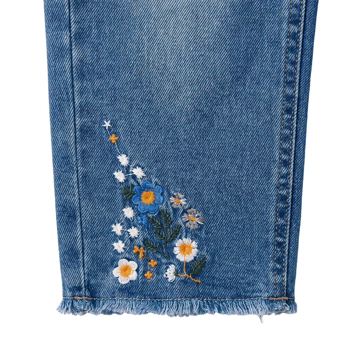 Girls' Frayed Flower Jeans – Medium Blue, hem flowers close-up