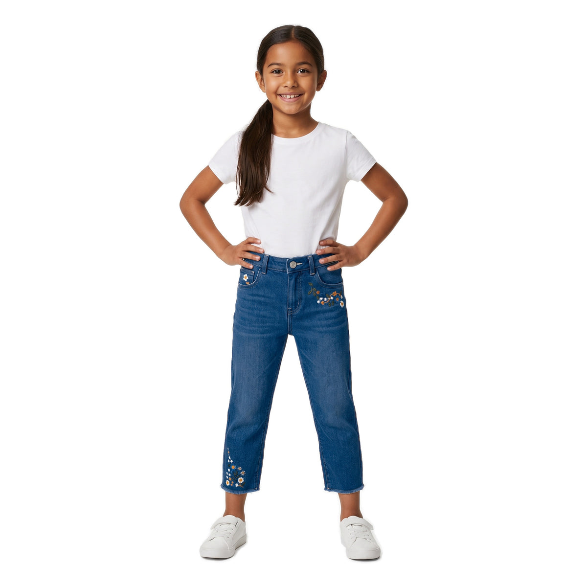 Girls' Frayed Flower Jeans – Medium Blue, worn, age 9